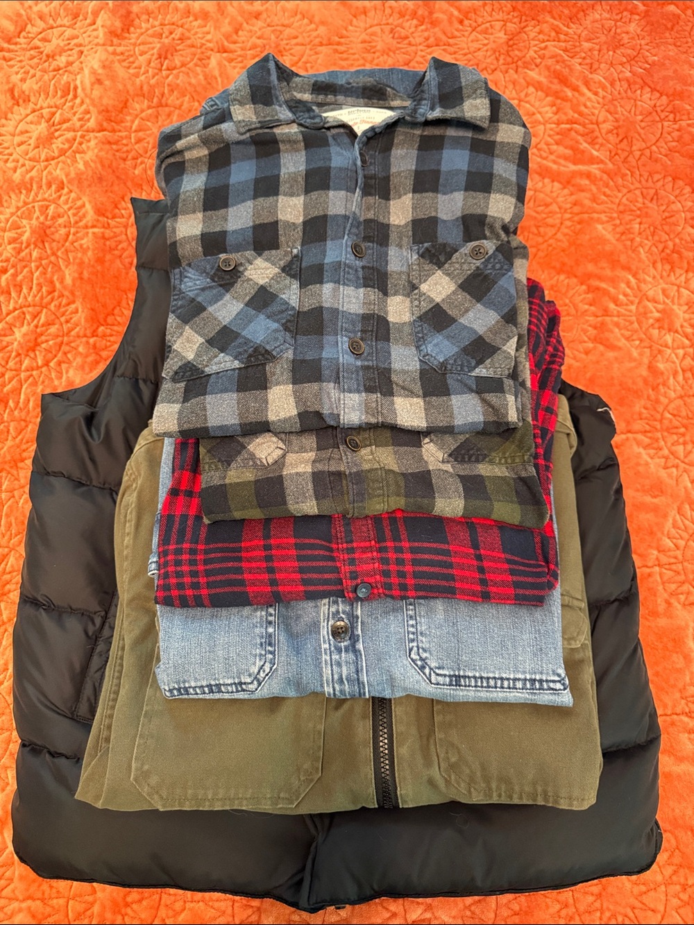 Lumberjack special! Flannel, denim, puffer vest, olive jacket and a pair of jean
